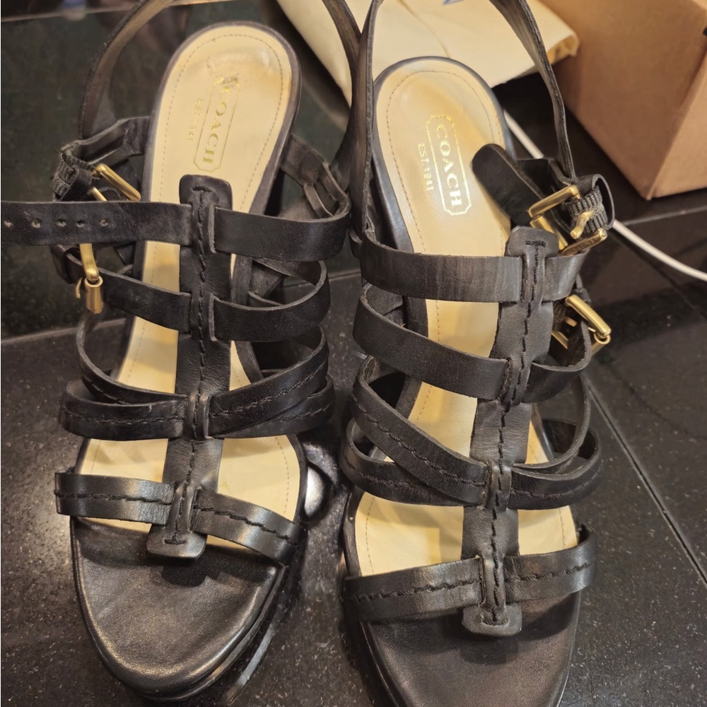 Coach Black Leather Strappy Sandals Heels (NEW)